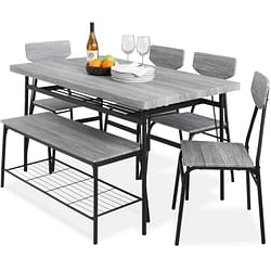 Modern 6-Piece Dining Set with Grey Wood Top Table 4 Chairs and Storage Bench - Free Shipping 