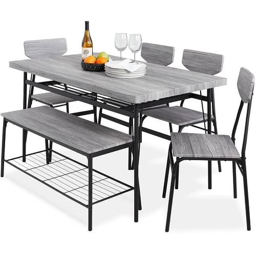 Modern 6-Piece Dining Set with Grey Wood Top Table 4 Chairs and Storage Bench - Free Shipping 
