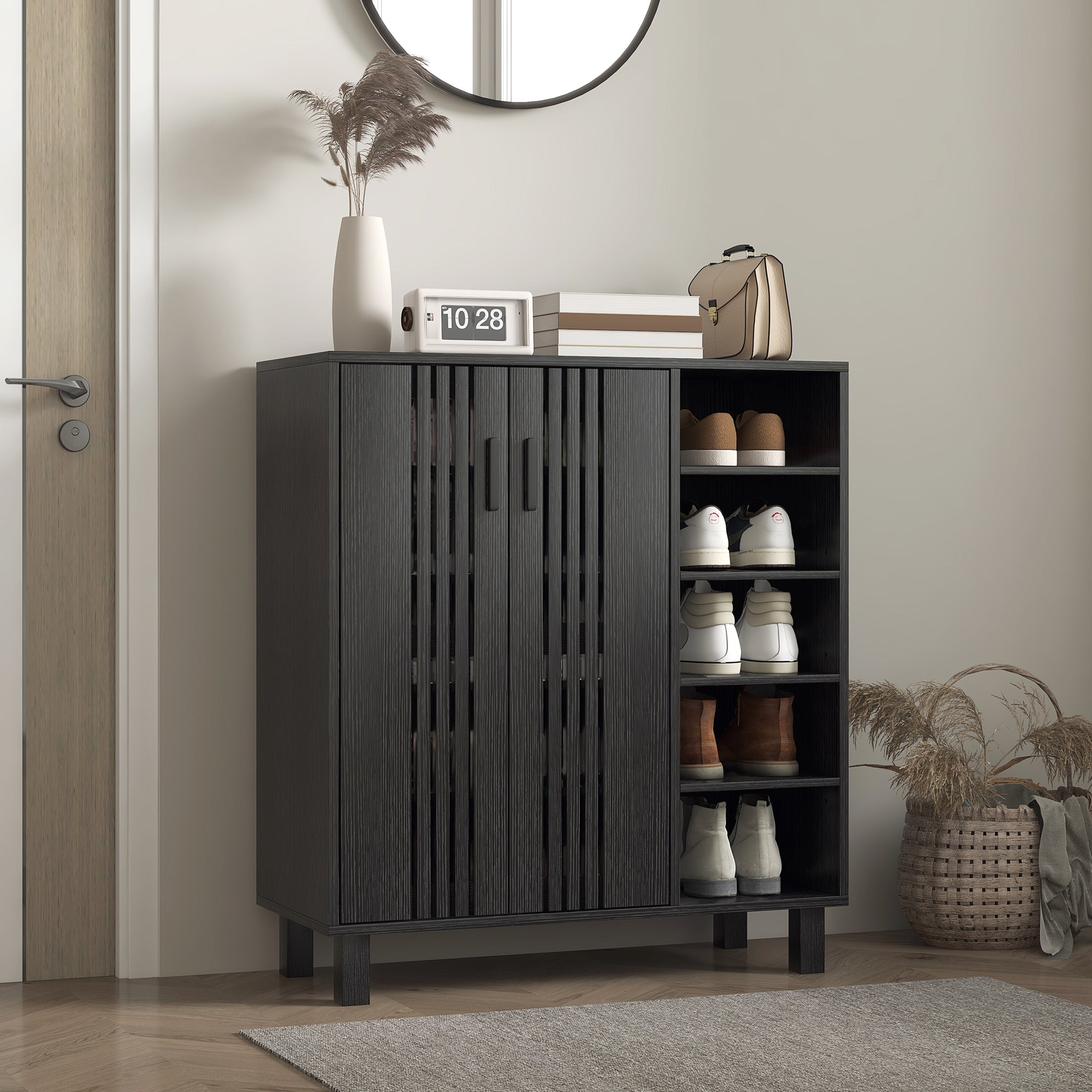 HOMCOM Shoe Storage with Double Doors Open Shelves 17 Pair Shoe Storage Organizer for Entryway Hallway Black 