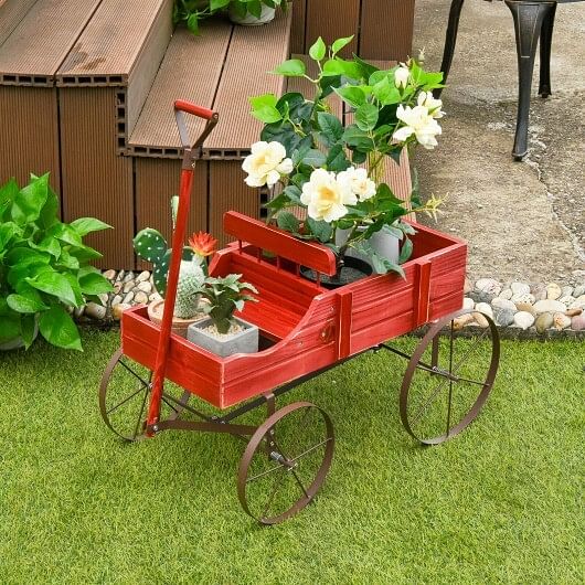 Wooden Wagon Plant Bed With Wheel for Garden Yard-Red - Free Shipping