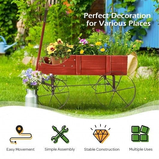 Wooden Wagon Plant Bed With Wheel for Garden Yard-Red - Free Shipping