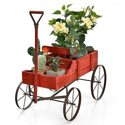 Wooden Wagon Plant Bed With Wheel for Garden Yard-Red - Free Shipping