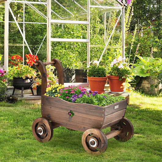 Decorative Wooden Wagon Cart with Handle Wheels and Drainage Hole-Rustic Brown - Free Shipping 