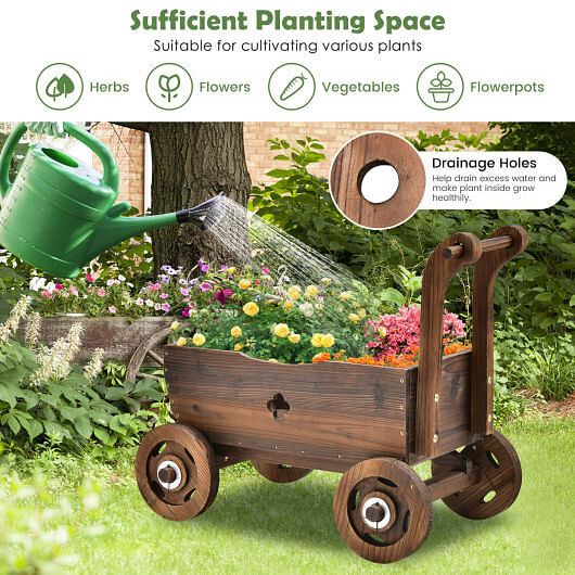 Decorative Wooden Wagon Cart with Handle Wheels and Drainage Hole-Rustic Brown - Free Shipping 