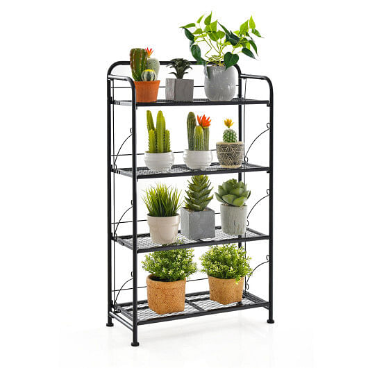 4-Tier Folding Plant Stand with Adjustable Shelf and Feet-Black - Free Shipping 