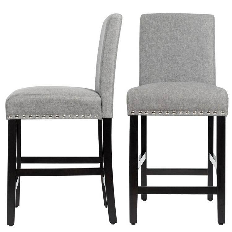 Set of 2 Modern Kitchen Dining Barstools w/ Black Wood Legs and Grey Linen Seat - Free Shipping 