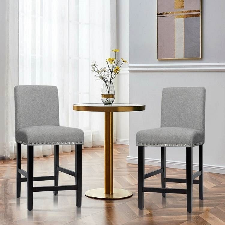 Set of 2 Modern Kitchen Dining Barstools w/ Black Wood Legs and Grey Linen Seat - Free Shipping 