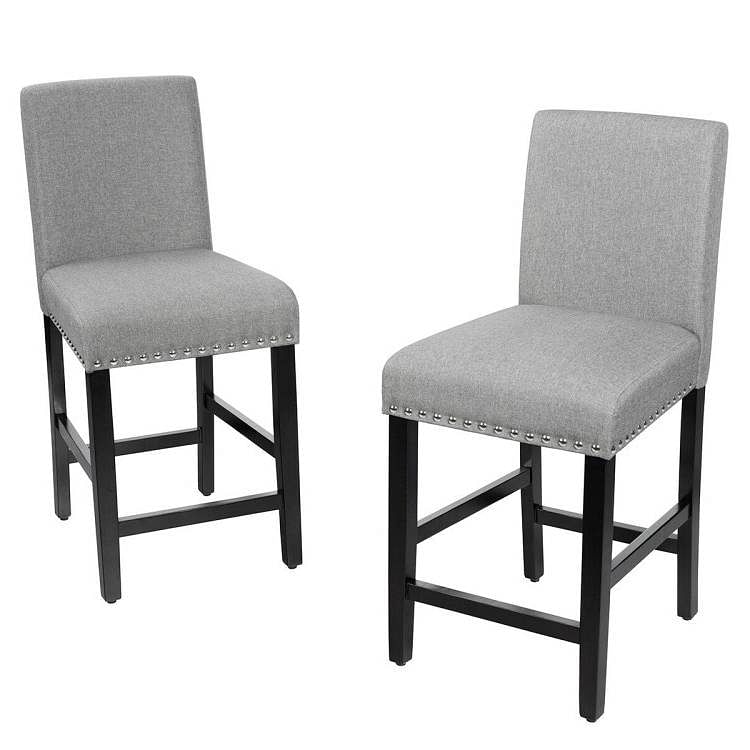 Set of 2 Modern Kitchen Dining Barstools w/ Black Wood Legs and Grey Linen Seat - Free Shipping 