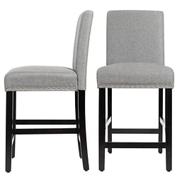 Set of 2 Modern Kitchen Dining Barstools w/ Black Wood Legs and Grey Linen Seat - Free Shipping 