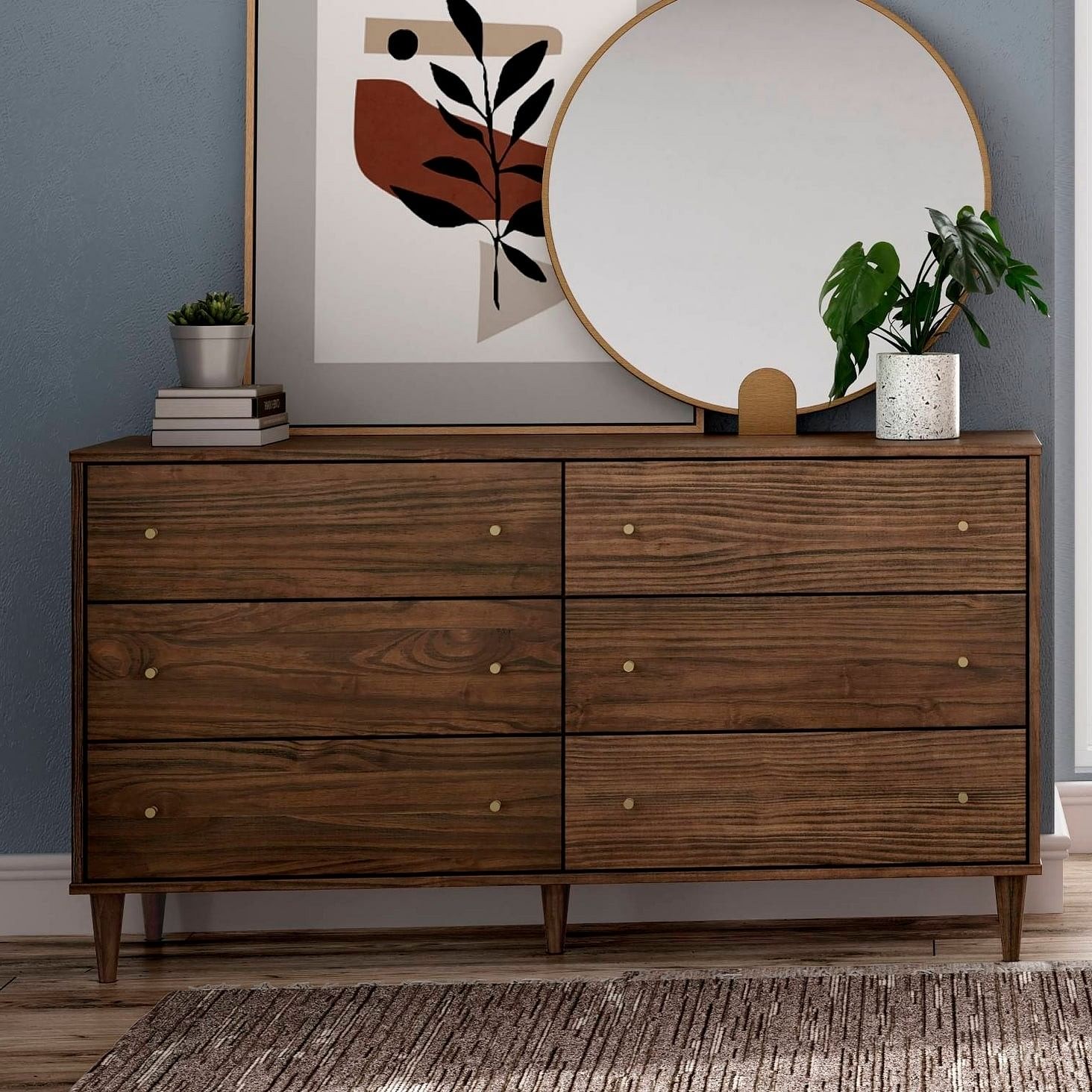 Farmhouse Rustic Walnut Mid Century 6 Drawer Dresser - Free Shipping