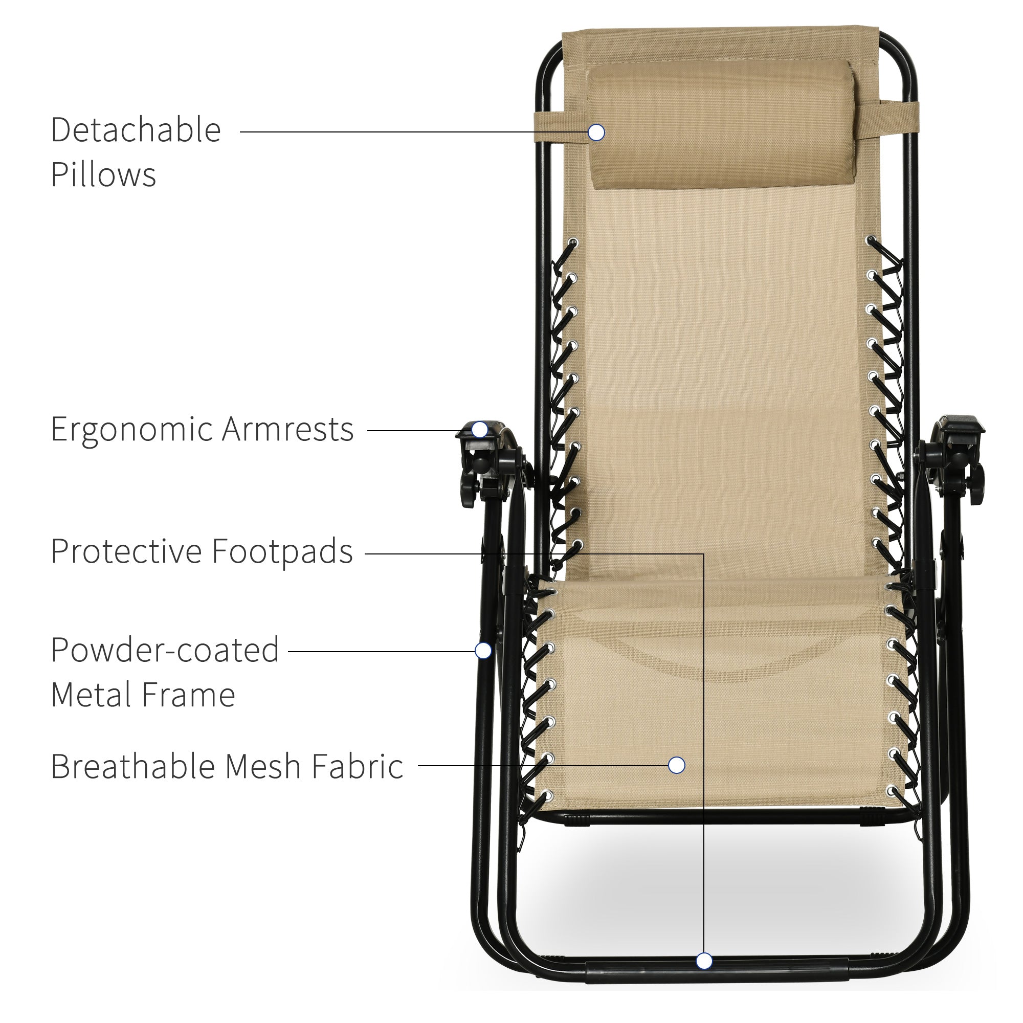 Outsunny Zero Gravity Chair Set of 2 Patio Chair with Side Table Cupholders and Pillows for Pool, Backyard, Lawn, Beige 