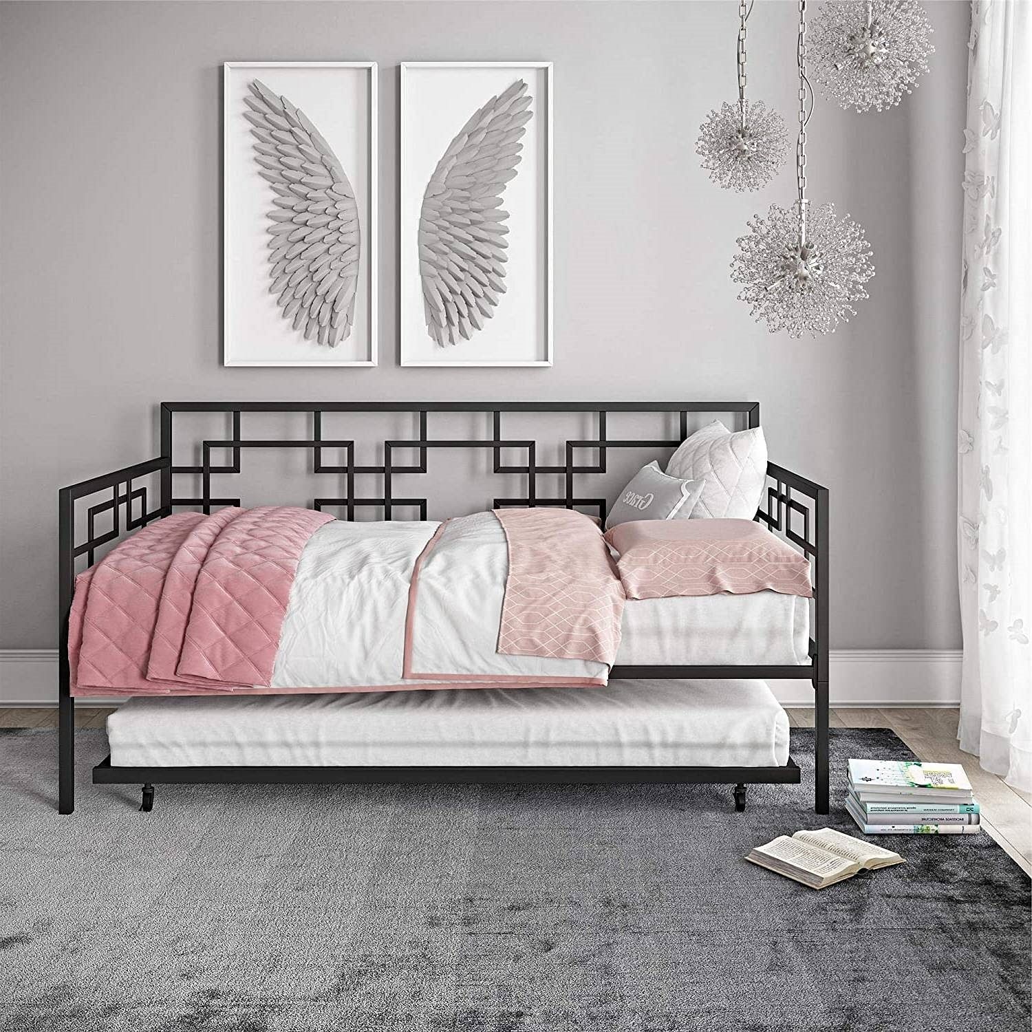 Black Metal Daybed Frame with Twin Pull-Out Trundle Bed - Free Shipping