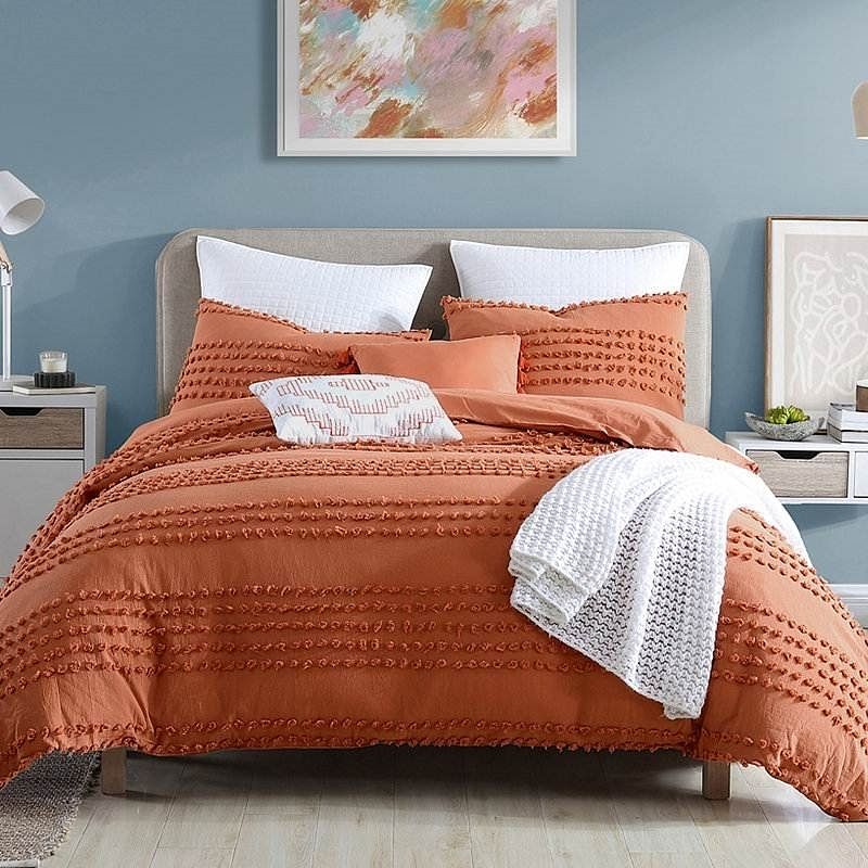 Full/Queen 5-Piece 100-Percent Cotton Clip Dot Comforter Set in Brick Orange - Free Shipping 