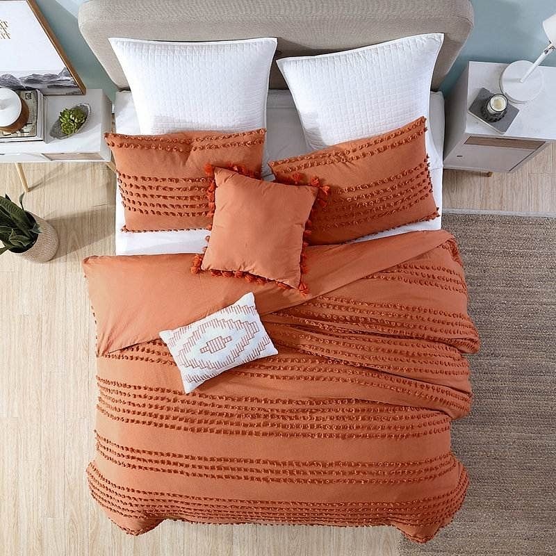 Full/Queen 5-Piece 100-Percent Cotton Clip Dot Comforter Set in Brick Orange - Free Shipping 