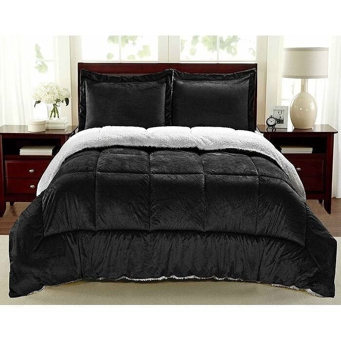 Twin Size 2 Piece Ultra Soft Sherpa Wrinkle Resistant Comforter Set in Black - Free Shipping