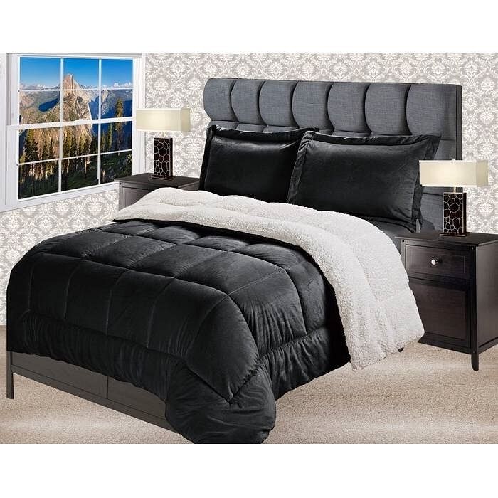 Twin Size 2 Piece Ultra Soft Sherpa Wrinkle Resistant Comforter Set in Black - Free Shipping