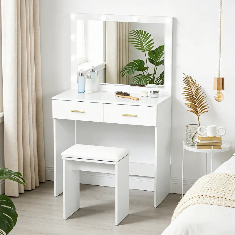 HOMCOM Makeup Vanity Desk Set with Stool, LED Lighted Mirror, 2 Drawers, Modern Dressing Table