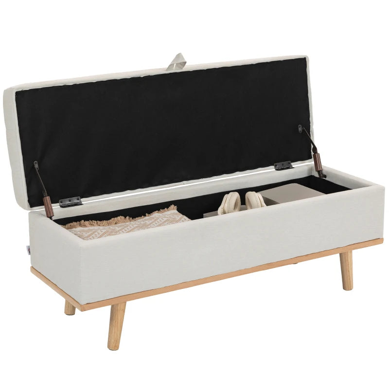 Storage Ottoman Bench, Foot Rest with Lift-Up Lid and Wood Legs, Linen Storage Chest for Living Room, Cream White