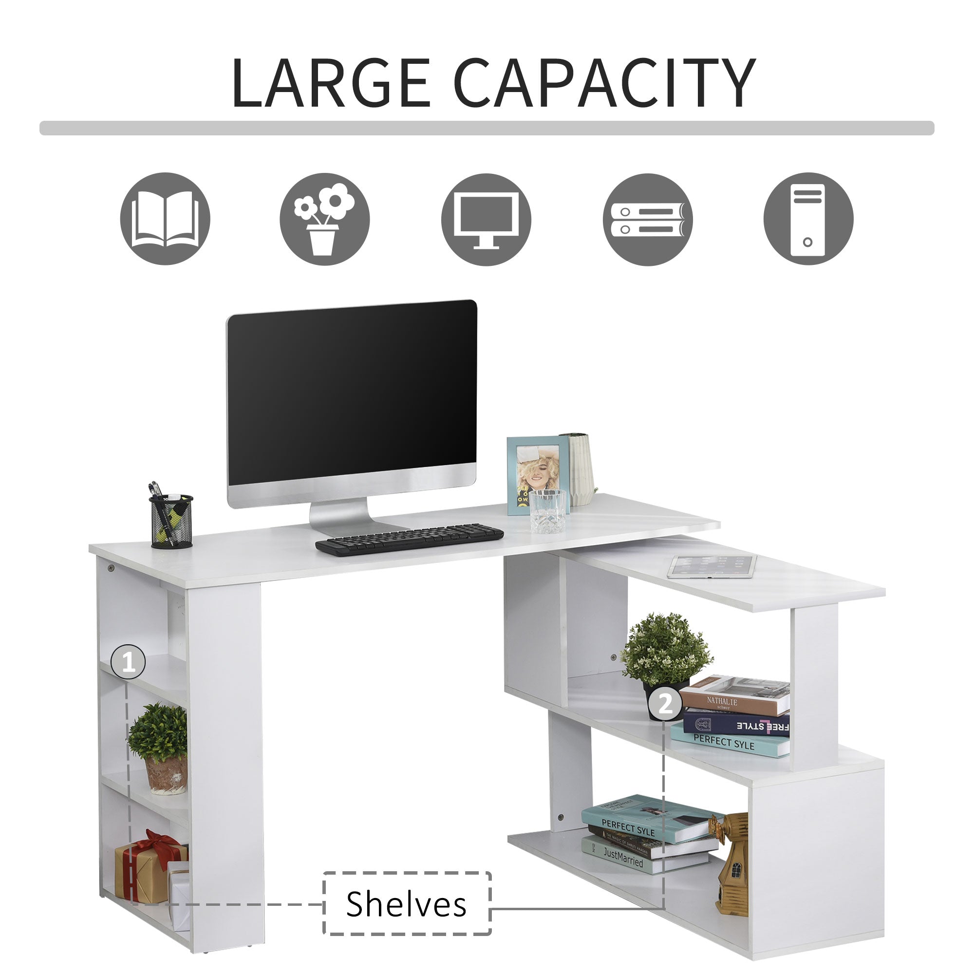 HOMCOM White L-Shaped Desk - 360° Rotating Corner Computer Writing Table with Storage Shelf for Home Office 