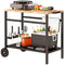 Outdoor Grill Cart, 2-Tier Pizza Oven Stand, BBQ Stand with Beverage Holder, Hooks, Wheels, Black and Brown