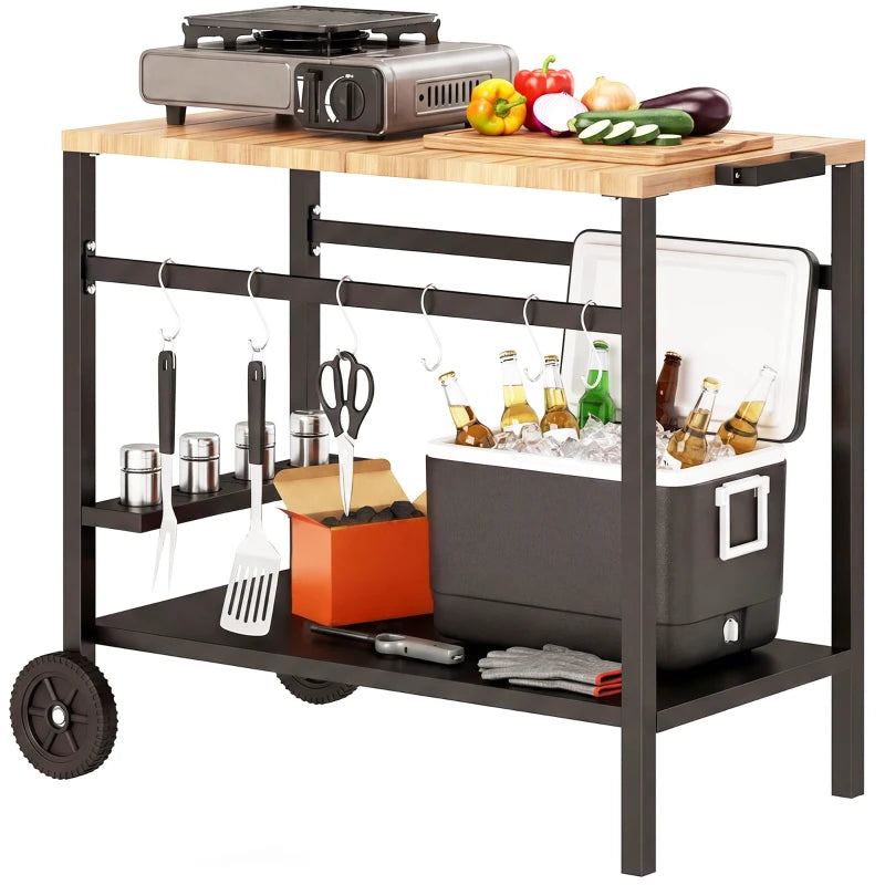 Outdoor Grill Cart, 2-Tier Pizza Oven Stand, BBQ Stand with Beverage Holder, Hooks, Wheels, Black and Brown