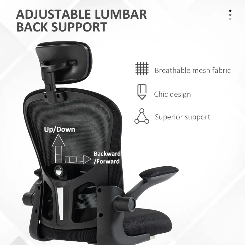 Office Chair, Mesh Computer Desk Chair with Adjustable Headrest, 4D Lumbar Support, Flip-up Arm, Black