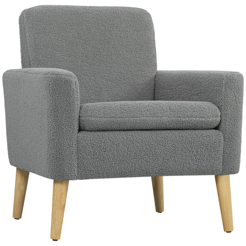Fabric Accent Chair, Modern Upholstered Armchair with Wood Legs and Wide Padded Seat, Grey