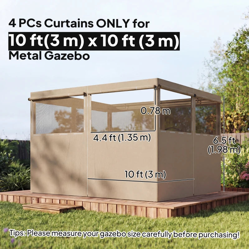 Gazebo Curtains, 10' x 10' Universal Replacement Privacy Curtain, 4-Panels Sidewall with Roll up Mesh Windows, Khaki