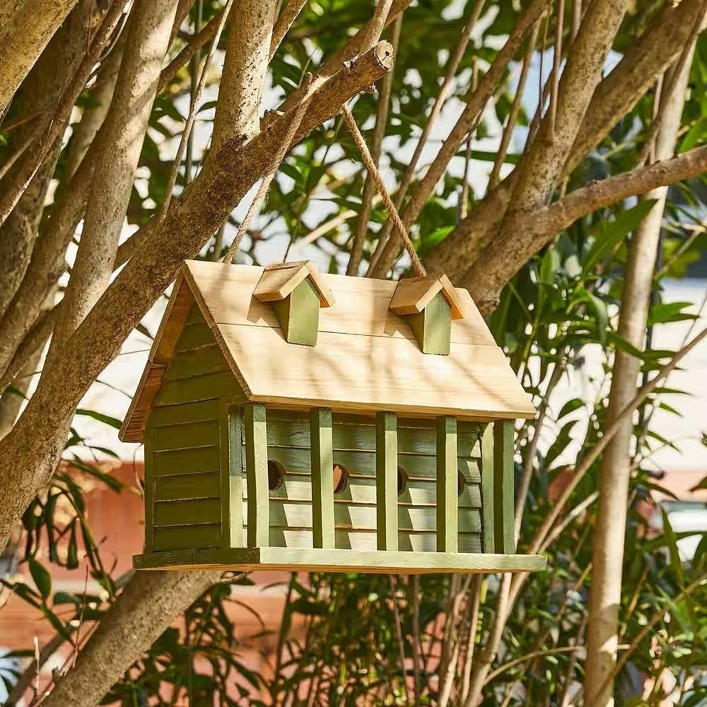 Green Wood Garden Bird House with 1 Compartment and 4 Holes - Free Shipping 