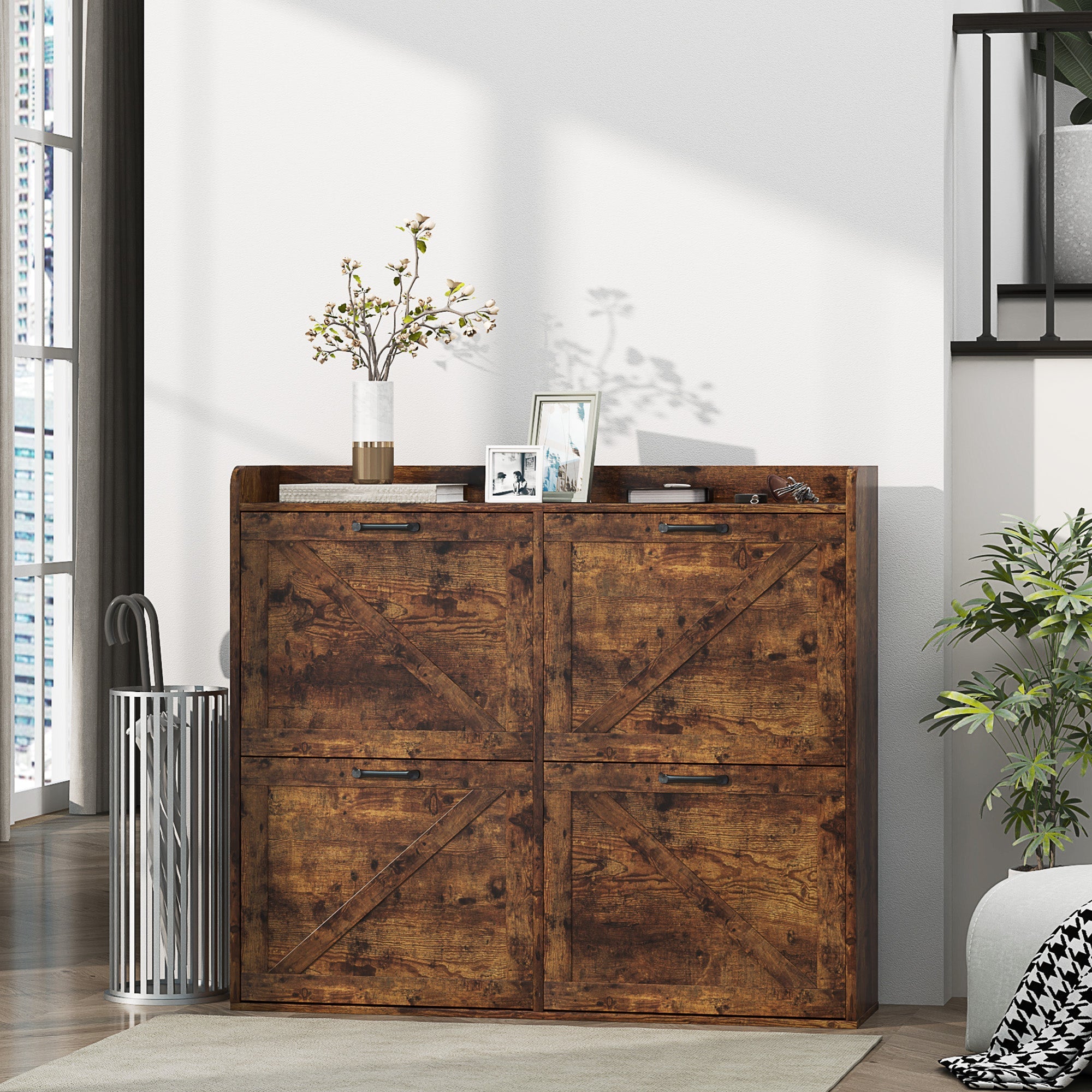 HOMCOM Narrow Shoe Storage Cabinet with 4 Flip Drawers, Adjustable Shelves, 16 Pair Farmhouse Shoe Cabinet, Rustic Brown 
