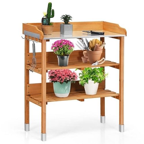 Solid Wood Outdoor Garden Bench Table with Bottom Storage Shelves and Metal Top - Free Shipping