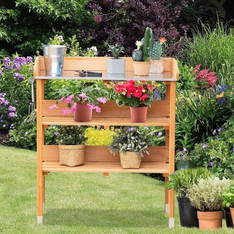 Solid Wood Outdoor Garden Bench Table with Bottom Storage Shelves and Metal Top - Free Shipping