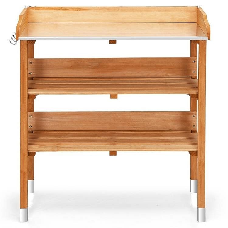 Solid Wood Outdoor Garden Bench Table with Bottom Storage Shelves and Metal Top - Free Shipping