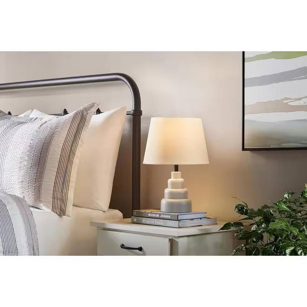 Small Grey Desk Light Table Lamp with White Fabric Shade for Bedside Nightstand - Free Shipping