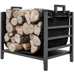 Decorative Firewood Rack Outdoor Indoor Steel Wood Storage Log Holder with Side Handles, 19.7" x 13.4" x 17.7", Black