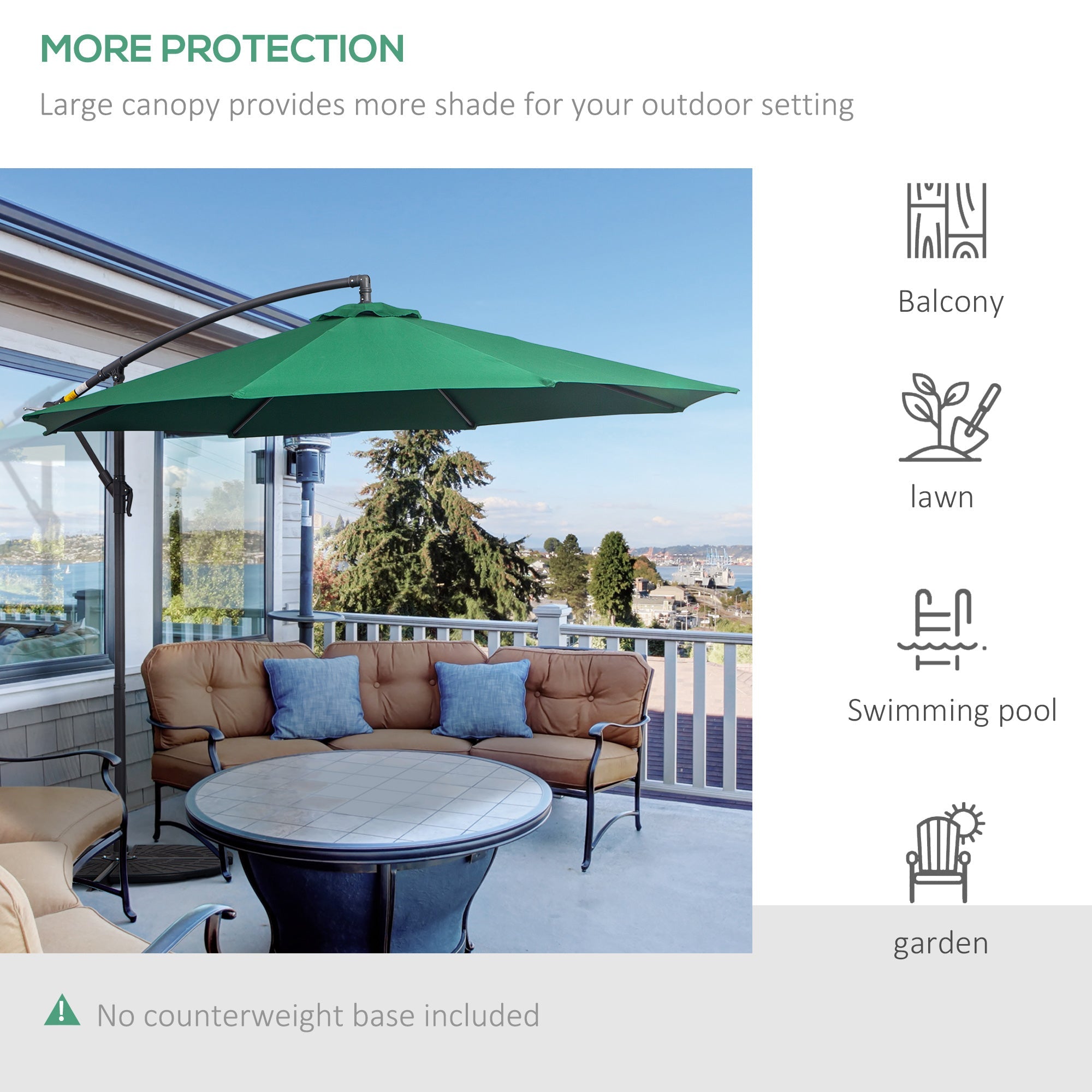 Outsunny Φ10' Offset Hanging Umbrella Patio Sun Shade Canopy Outdoor Market Parasol Crank Lift Dark Green 