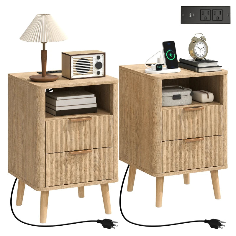 Nightstands Set of 2, Modern Bedside Tables with Charging Station, 2 Drawers and Open Shelf, Oak