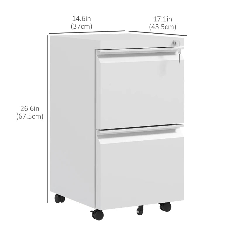 Mobile Vertical Filing Cabinet with Lock, 2-Drawer Steel File Cabinet with Adjustable Hanging Bar for Letter, A4 and Legal Size, White