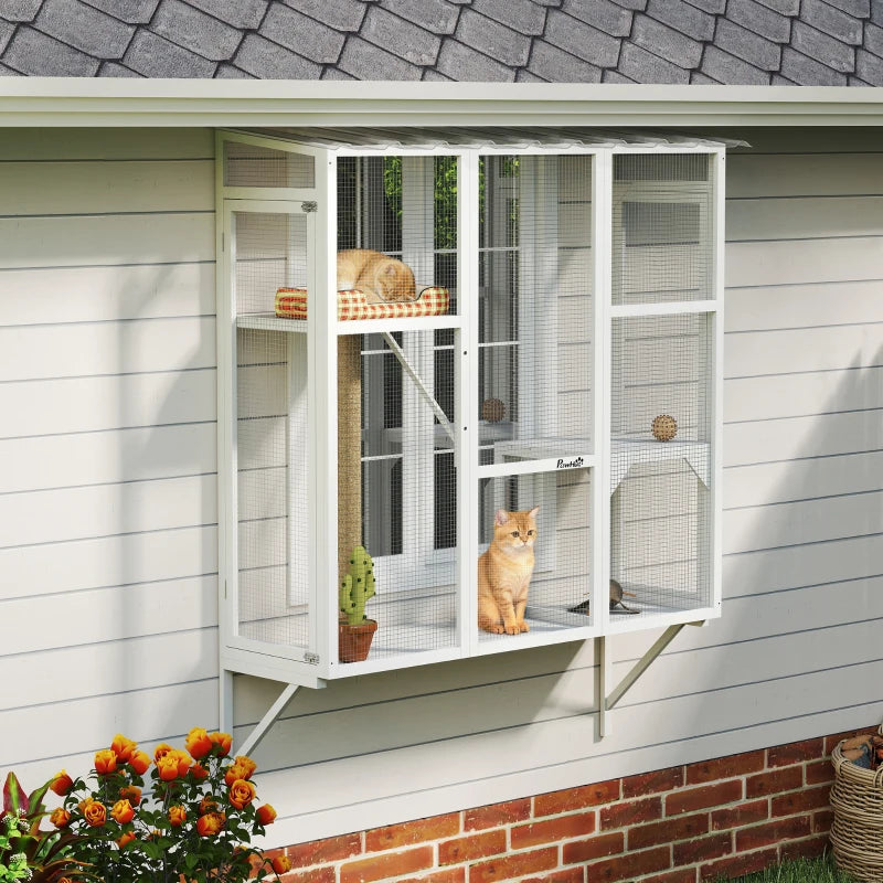 Wooden Catio Outdoor, Cat Window Box Enclosure for 2-3 Large Cats with 2 Jumping Platforms & Scratching Post, White