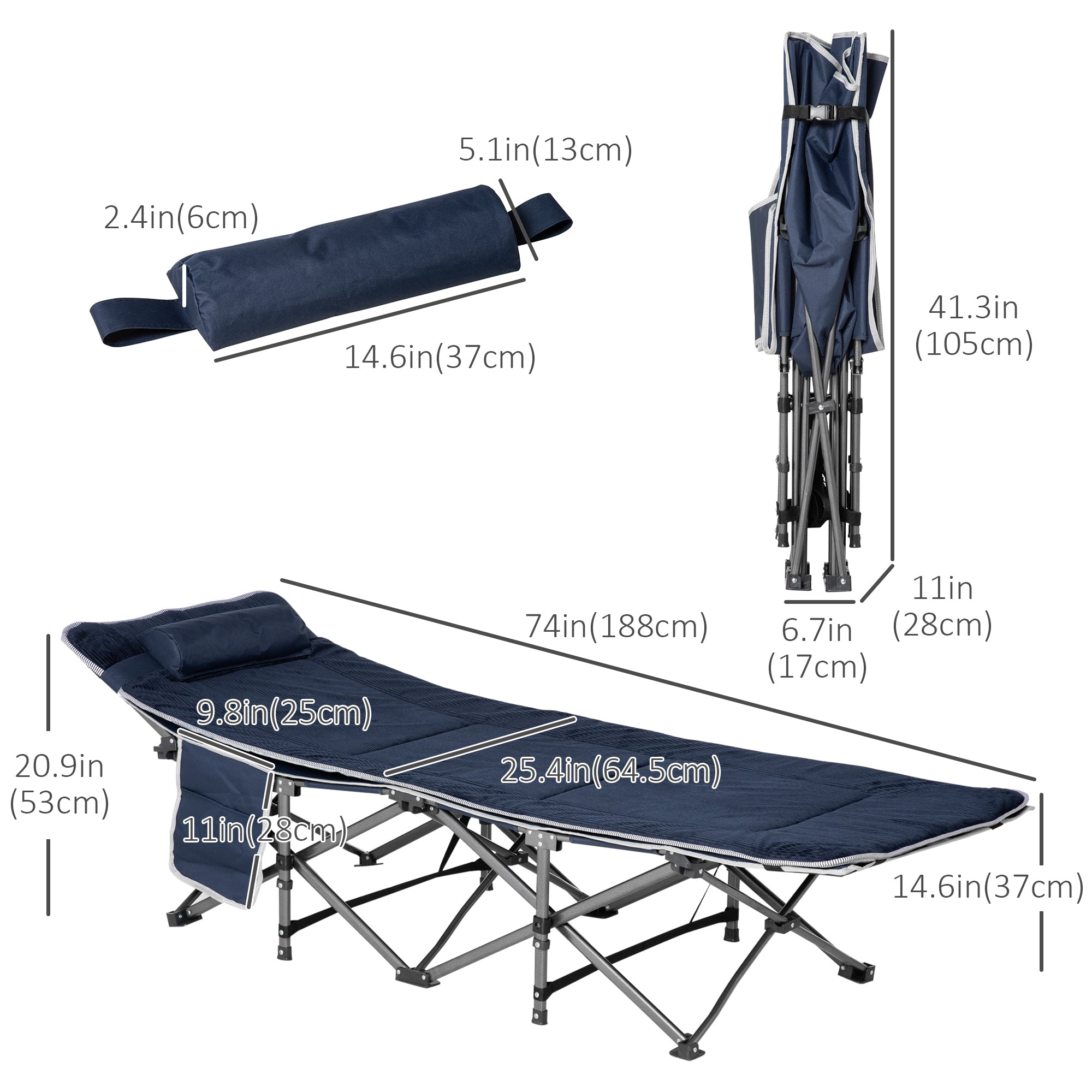 Outsunny Folding Camping Cot for Adults with Mattress Pillow Double Layer Oxford Heavy Duty Sleeping Cot Carry Bag Blue 