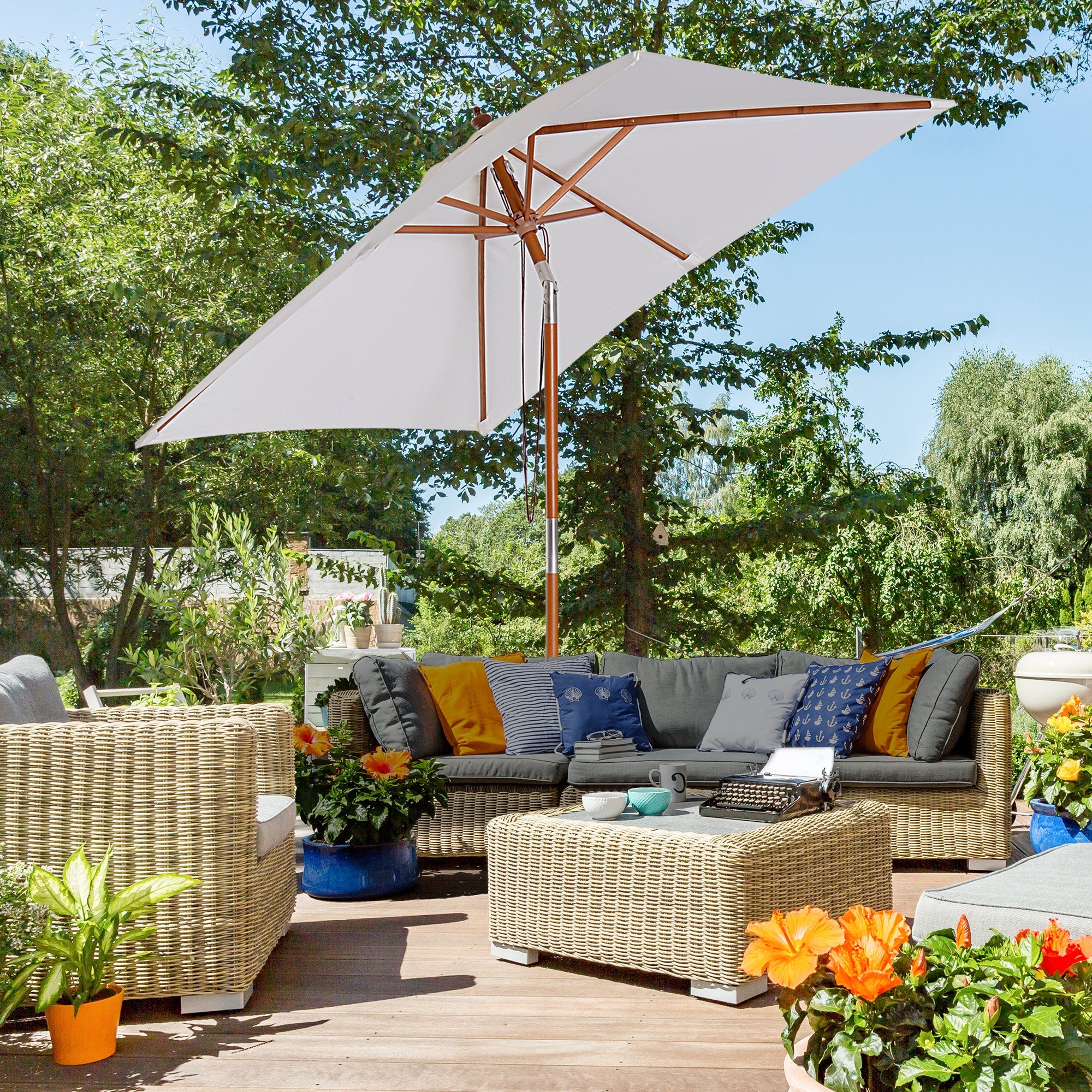 Outsunny Square Wooden Patio Umbrella: 6.6x5ft Fir Market Parasol with Tilt & 6 Ribs, Cream White 