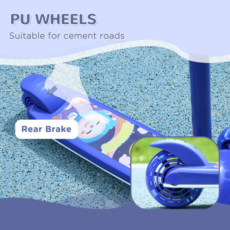 Qaba 3 Wheel Kids Scooter, Toddler Kick Scooter with Adjustable Height, Rear-Fender Brake, LED Light, TPE Handlebar, Blue