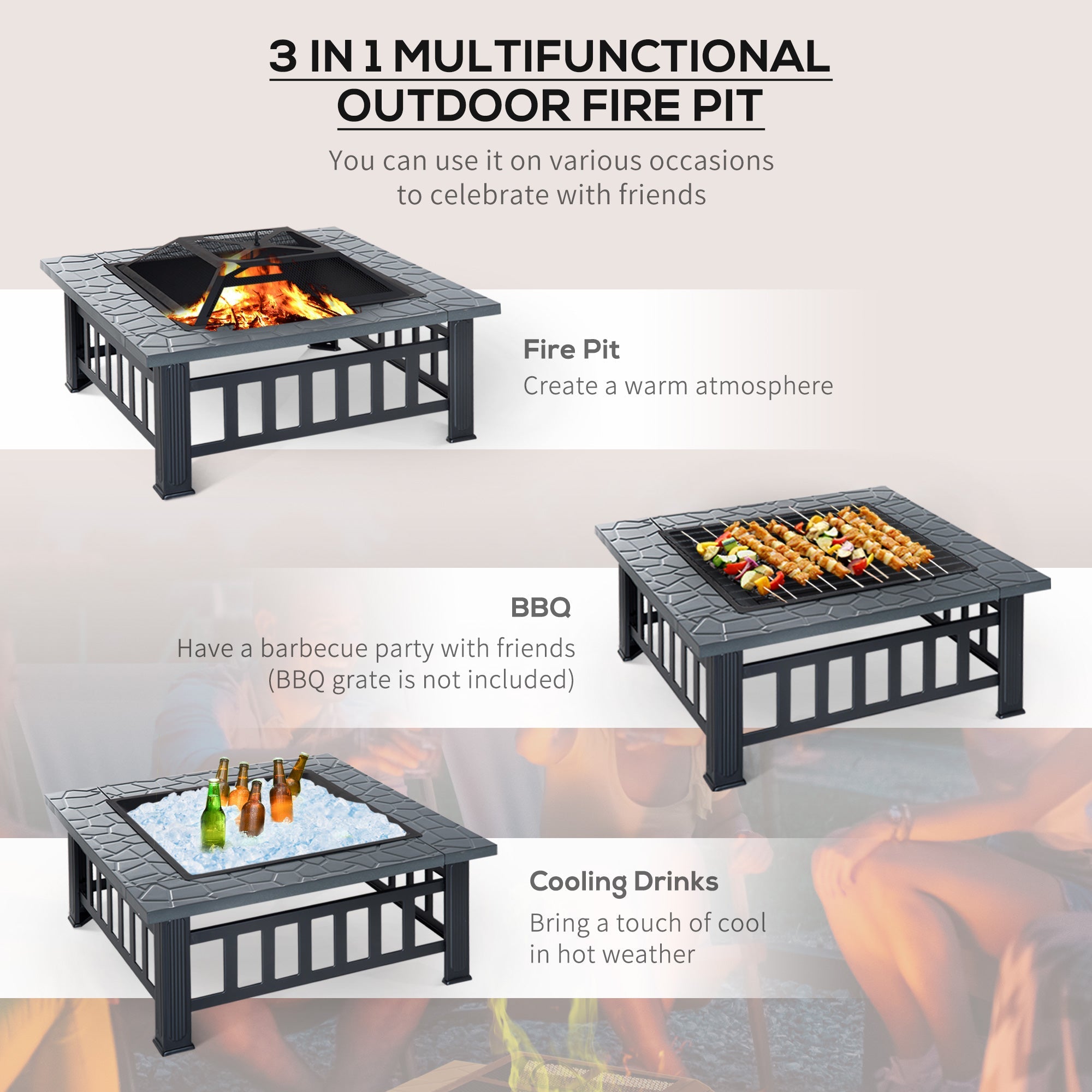 Outsunny Outdoor Square Fire Pit 33.75" Steel Stove with Spark Screen, Log Grate, Poker, Rain Cover for Wood Burning in Backyard 