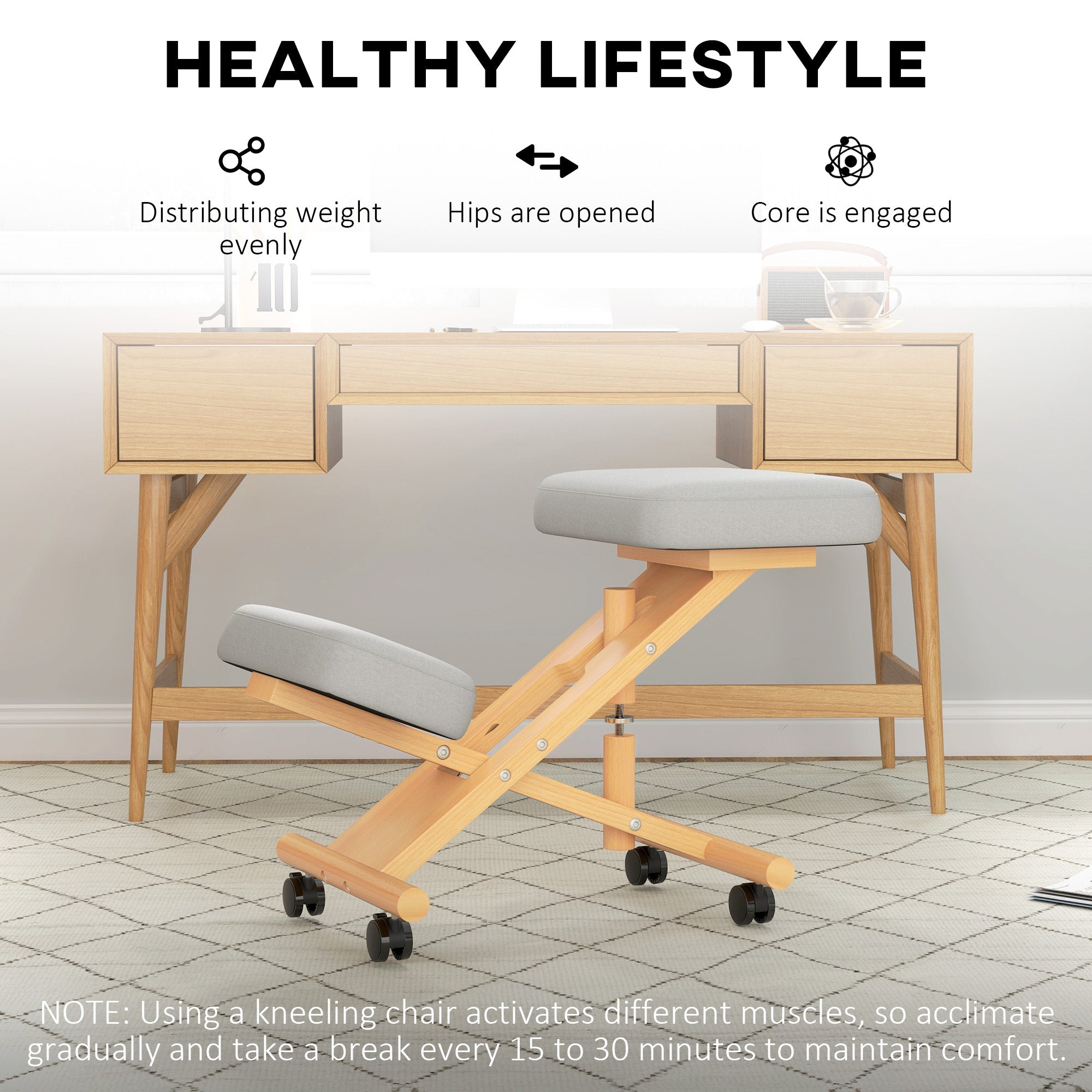 HOMCOM Ergonomic Kneeling Chair, Adjustable Wood Knee Stool with Cushion for Home, Posture Knee Chair with Casters, Cream White 