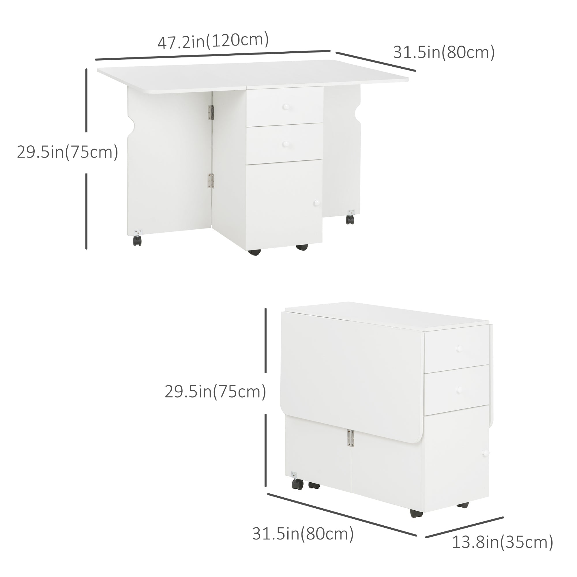 HOMCOM Extendable Drop Leaf Dining Table with 2 Drawers Cabinet 6 Wheels for Small Spaces Kitchen White 