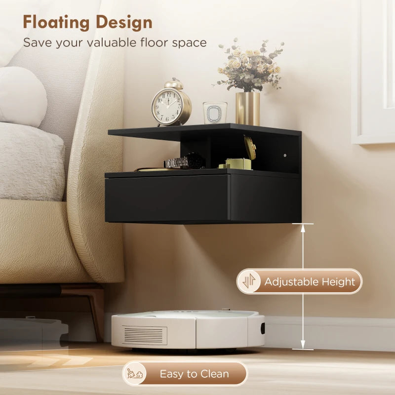 Floating Nightstand Set of 2, Wall Mounted Bedside Table with Drawer and Shelf, Small Night Stand for Bedroom, Black
