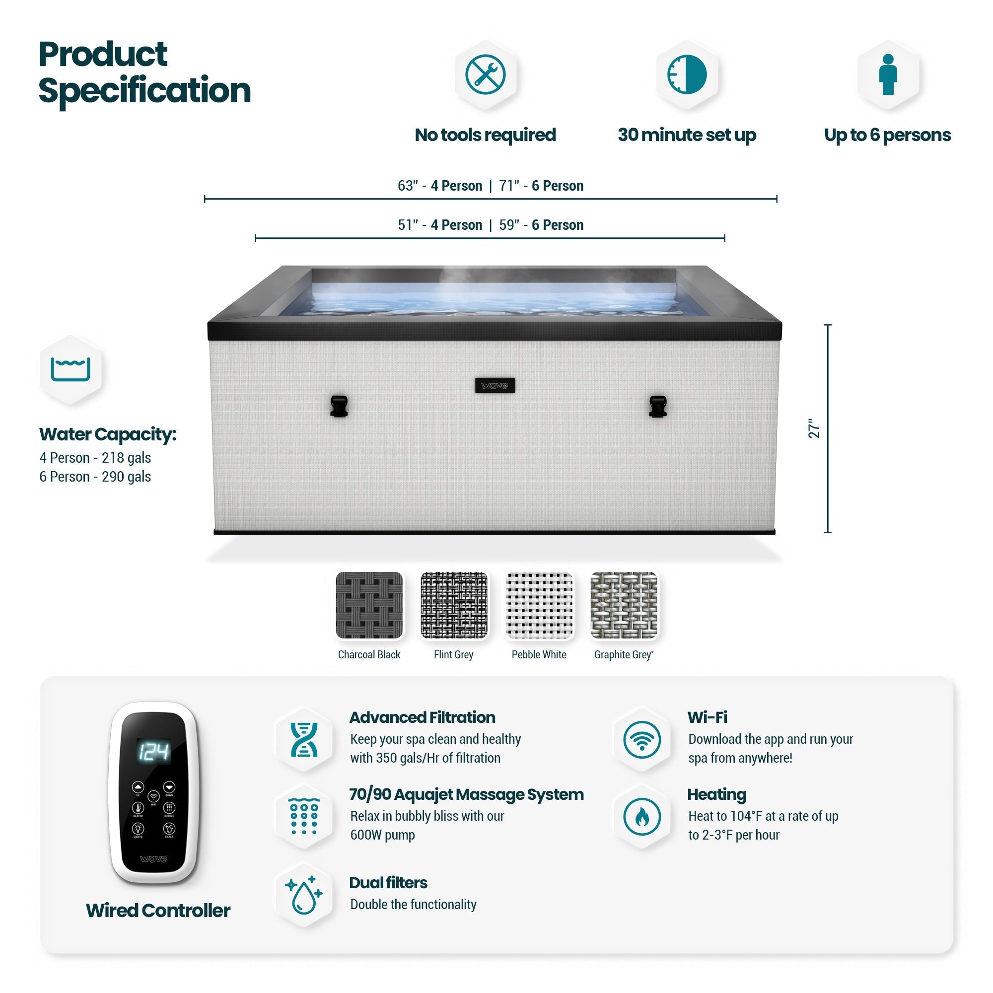 Garda | 4/6-Person Eco Foam Hot Tub | Square | Built-In Integrated Heater 