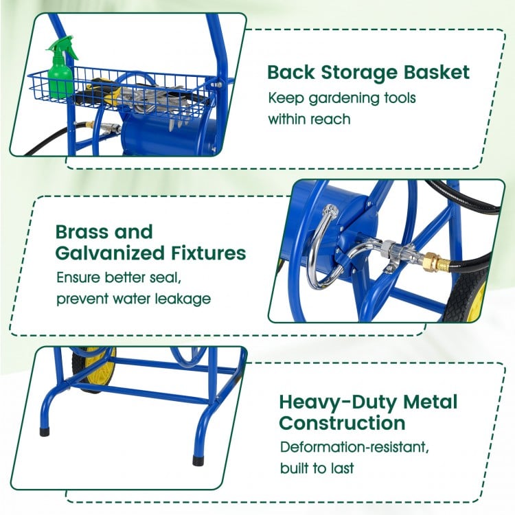 Garden Hose Reel Cart with 2 Wheels and Storage Basket