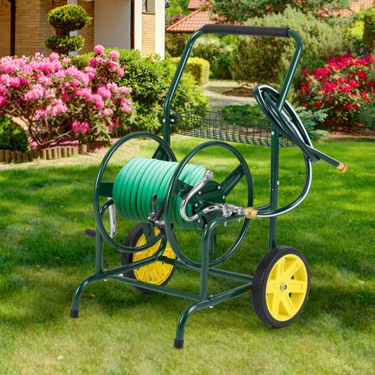 Garden Hose Reel Cart with 2 Wheels and Storage Basket