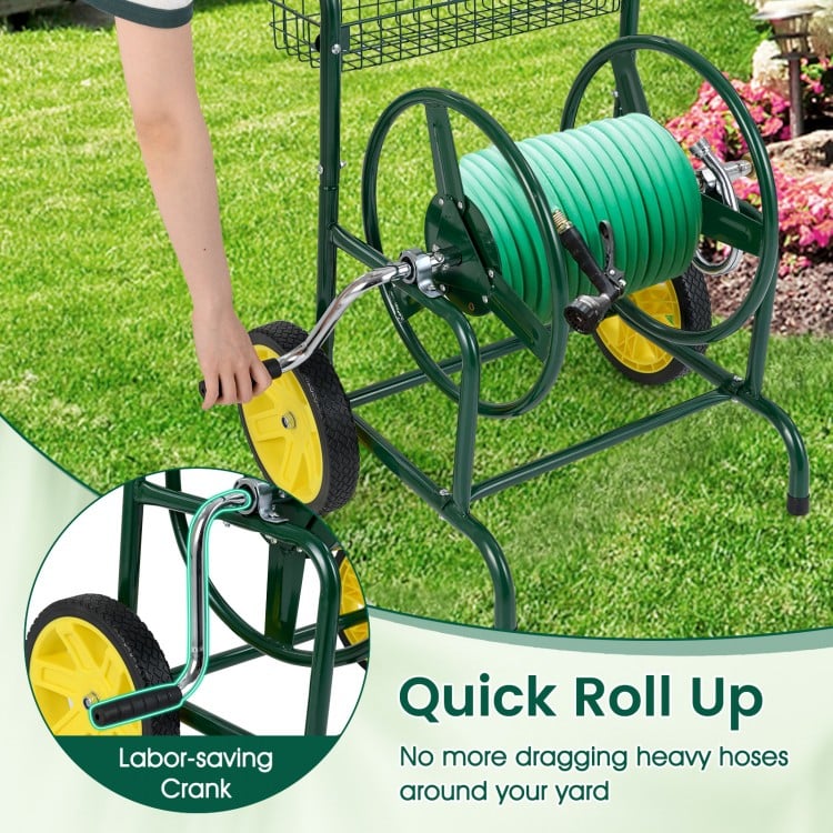 Garden Hose Reel Cart with 2 Wheels and Storage Basket